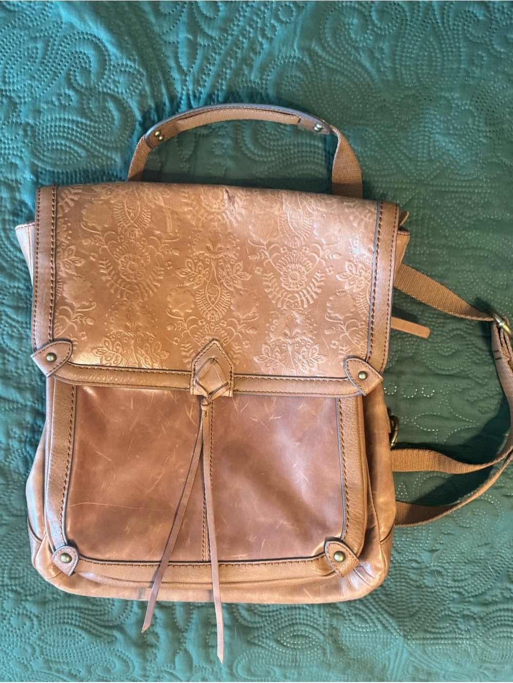 The Sak Ventura Leather Convertible Backpack Tobacco Floral Embossed